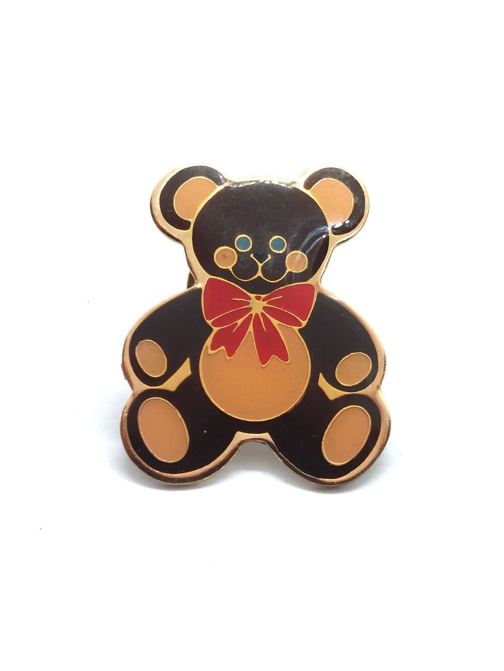 Teddy Bear Pin Brown Red Bow Cute Enamel Toy Animal Vintage Collectors